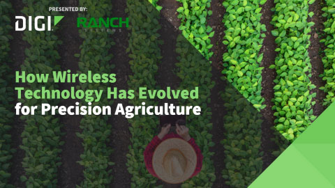 Webinar promotion: 'How Wireless Technology Has Evolved for Precision Agriculture,' presented by Digi and Ranch Systems, featuring a top-down view of crops and a farmer.